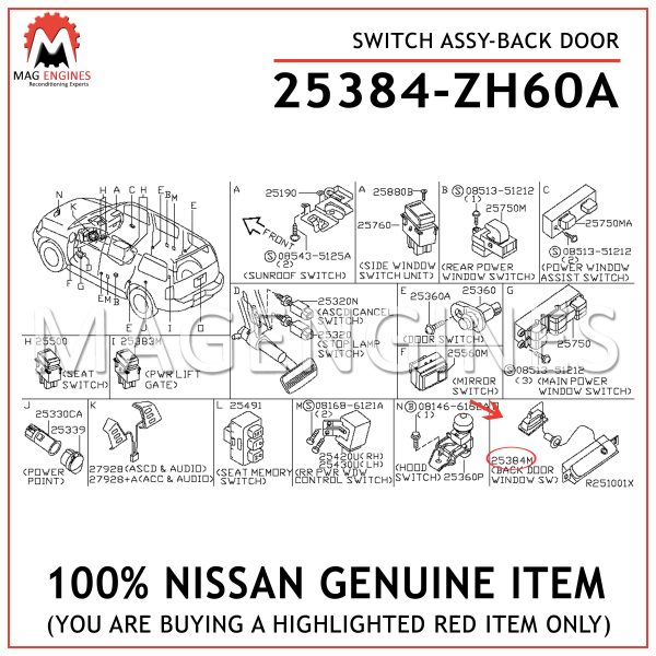 25384-ZH60A-NISSAN-GENUINE-SWITCH-ASSY-BACK-DOOR-25384ZH60A