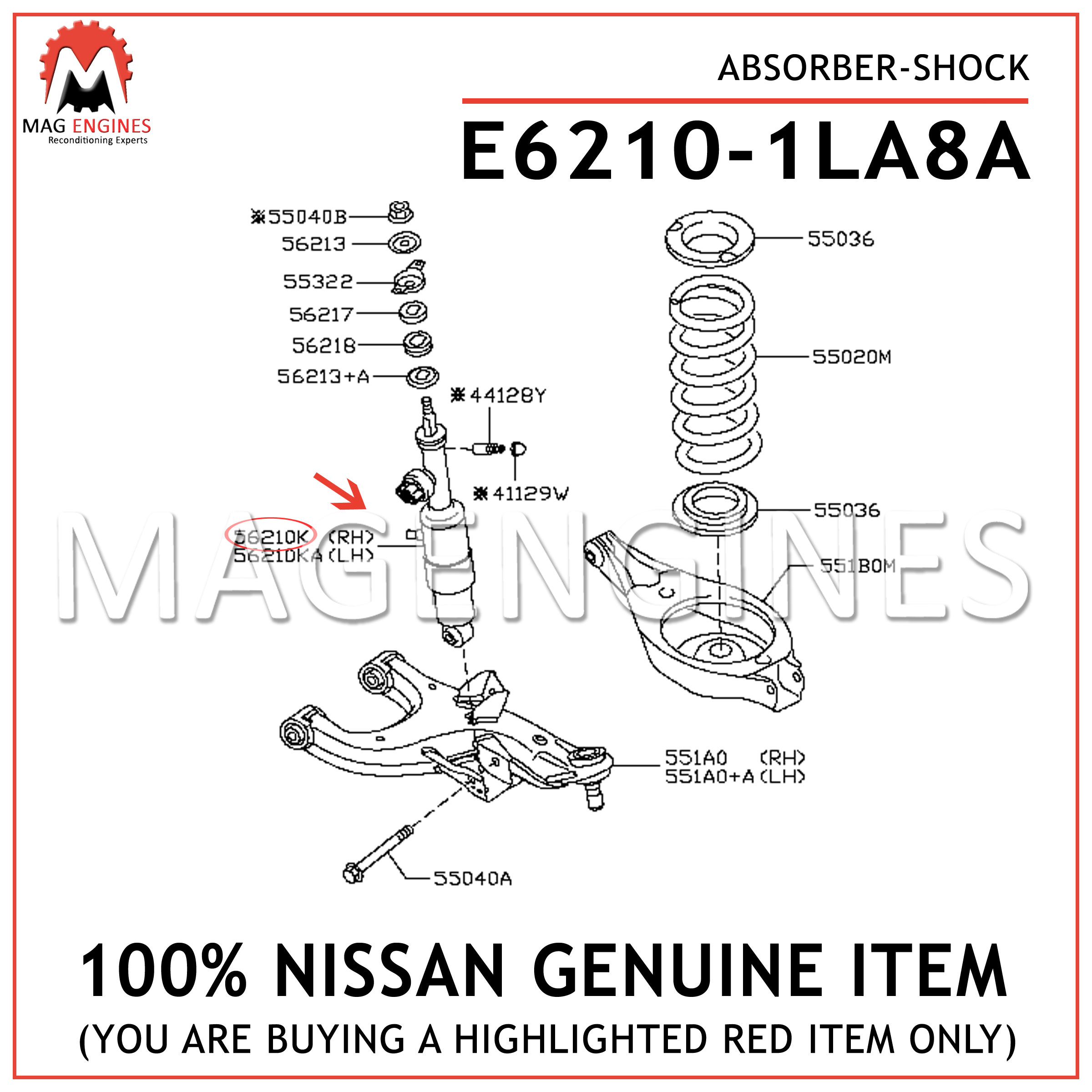 Genuine Nissan OEM E6210-EG01E SHOCK ABSORBER REAR LEFT OR RIGHT E6210EG01E