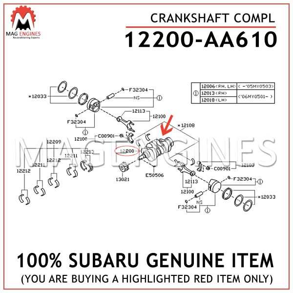 12200-AA610 SUBARU GENUINE CRANKSHAFT FOR NON-TURBO ENGINES 12200AA610