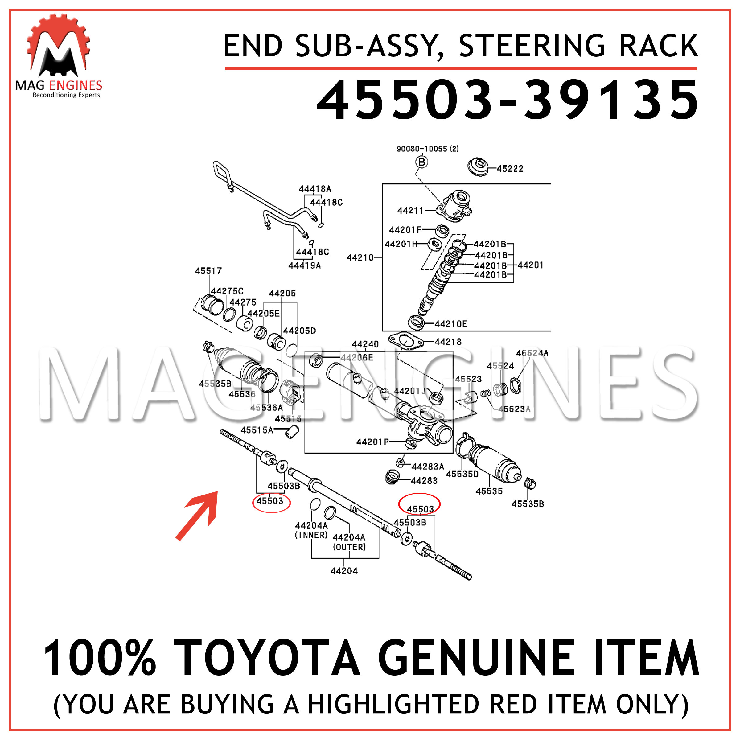 STEERING RACK 45503-39225 4550339225 Genuine Toyota END SUB-ASSY