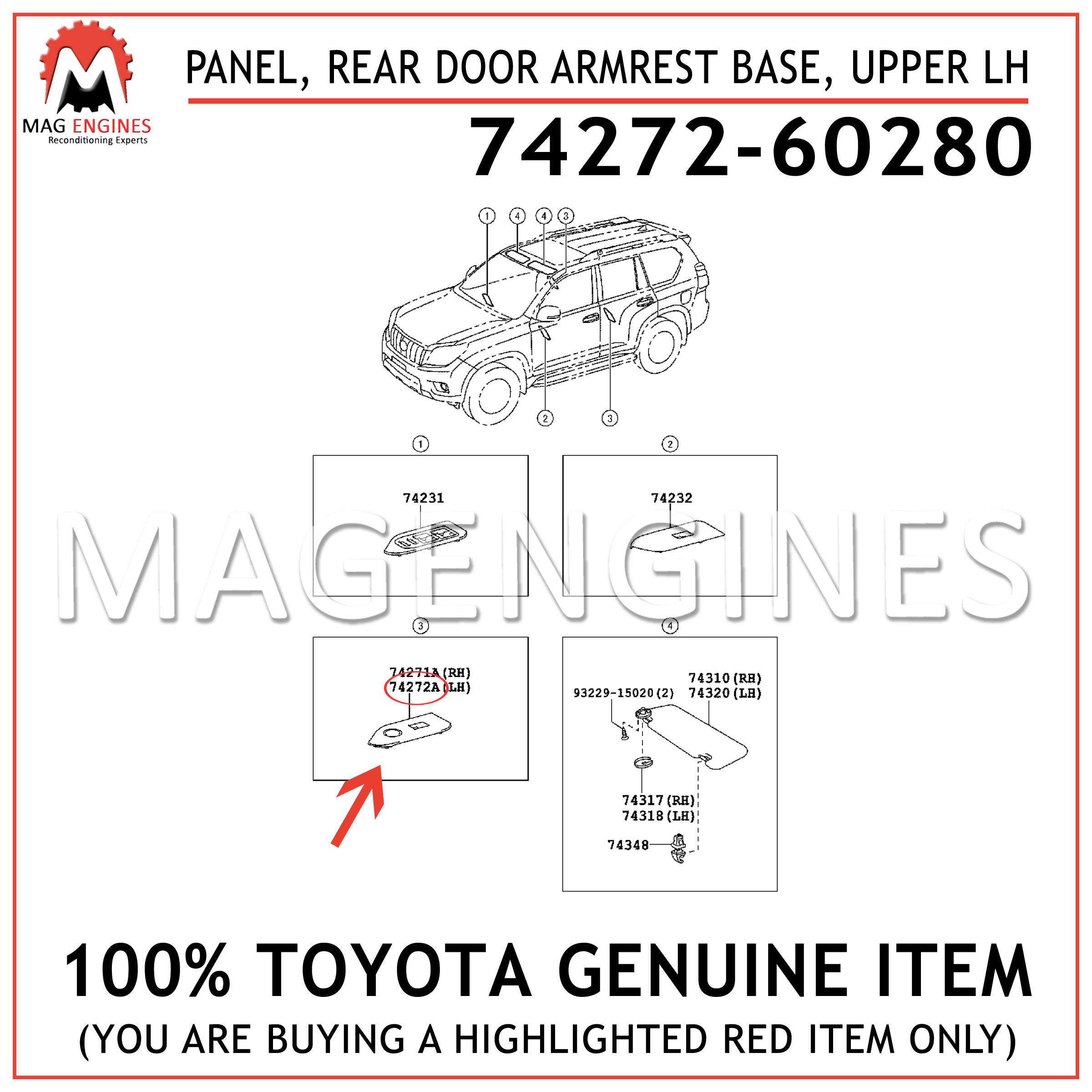 TOYOTA Genuine 74272-02060 Door Armrest Base Panel 