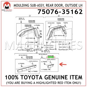 75076-35162 TOYOTA GENUINE MOULDING SUB-ASSY, REAR DOOR, OUTSIDE LH 7507635162