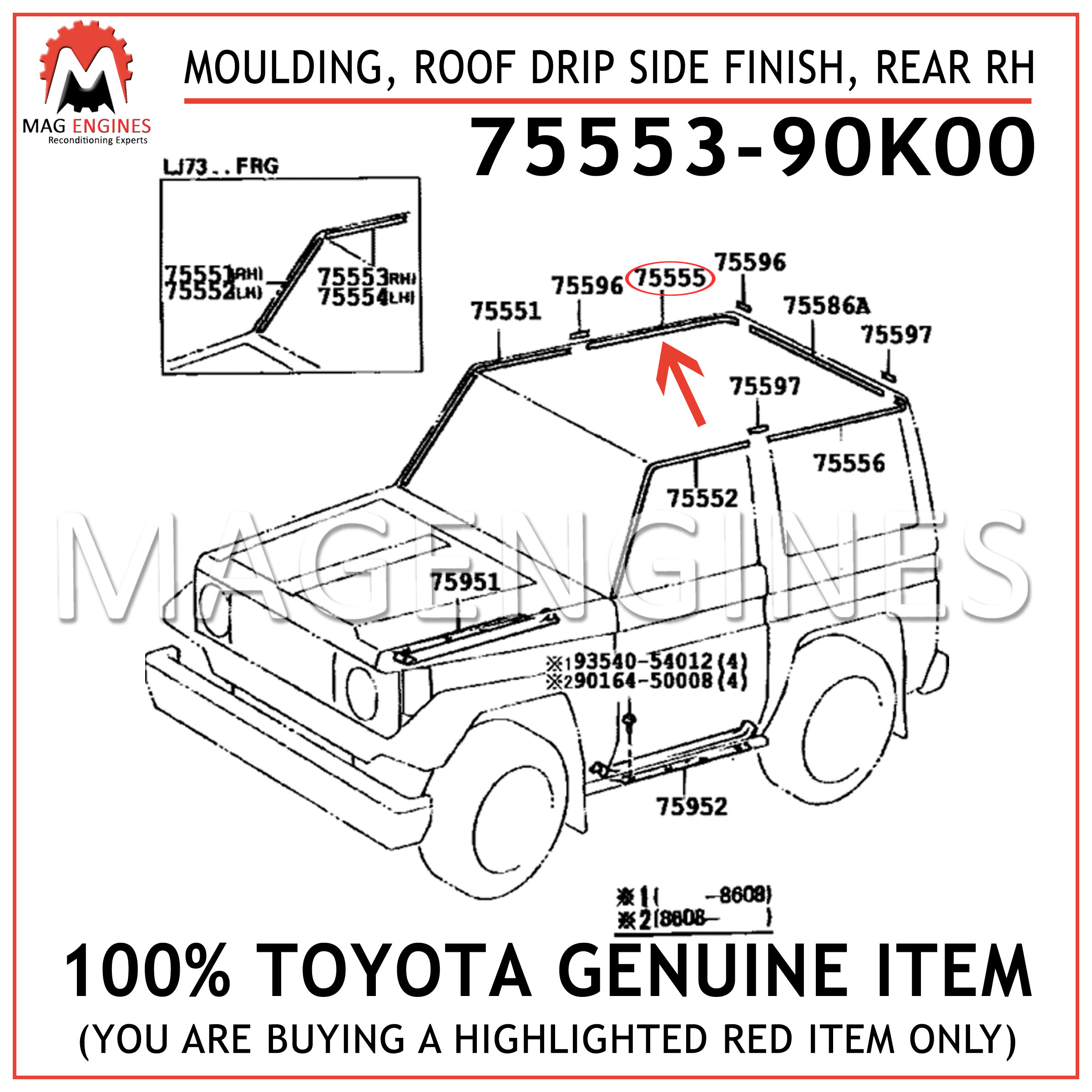 rh 7550590K03 75505-90K03 Toyota Moulding New Genuine O roof drip side finish