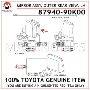 87940-90K00 TOYOTA GENUINE MIRROR ASSY, OUTER REAR VIEW, LH 8794090K00