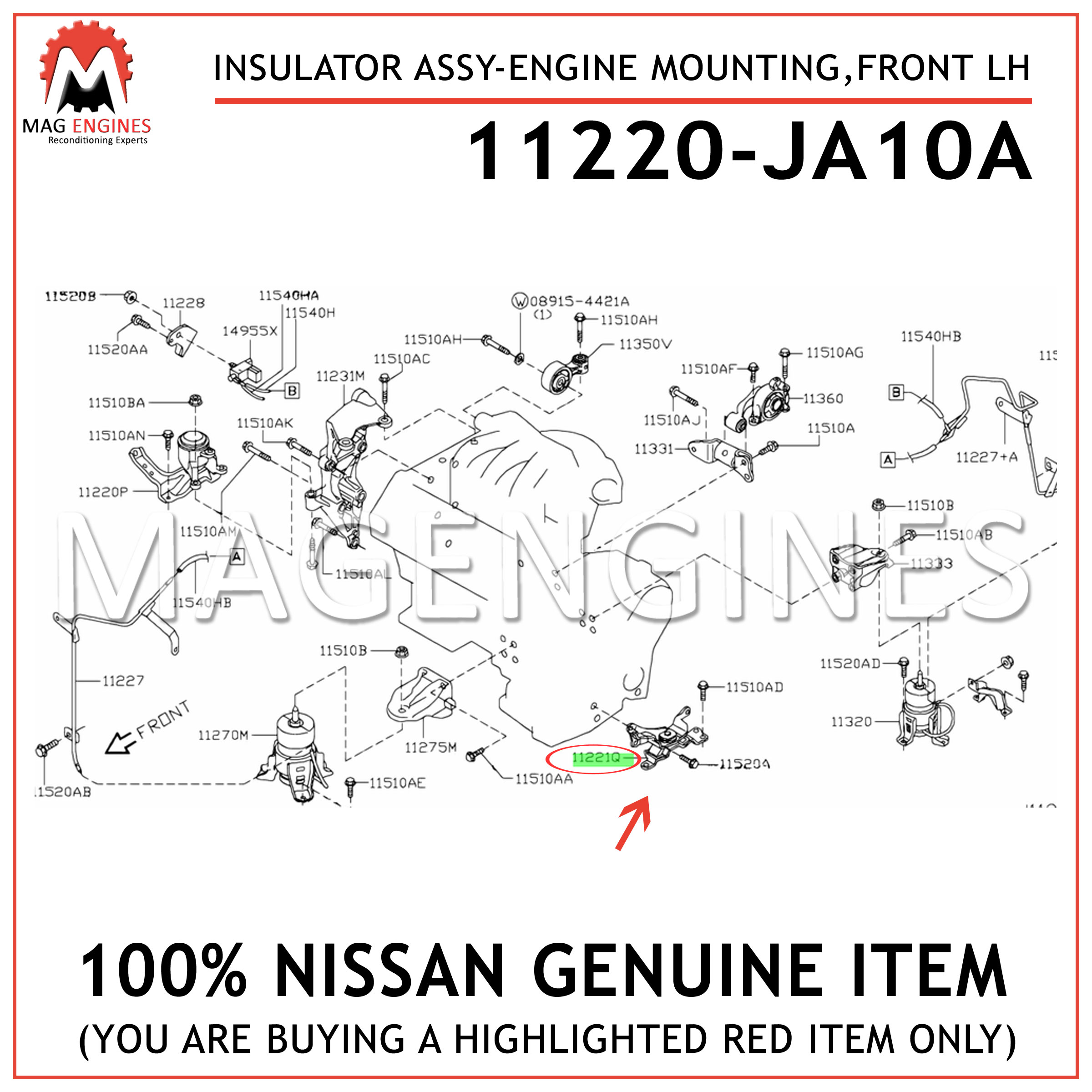 Genuine Nissan OEM 11210-VJ20A IINSULATOR-ENGINE MOUNTING,FRONT 11210VJ20A