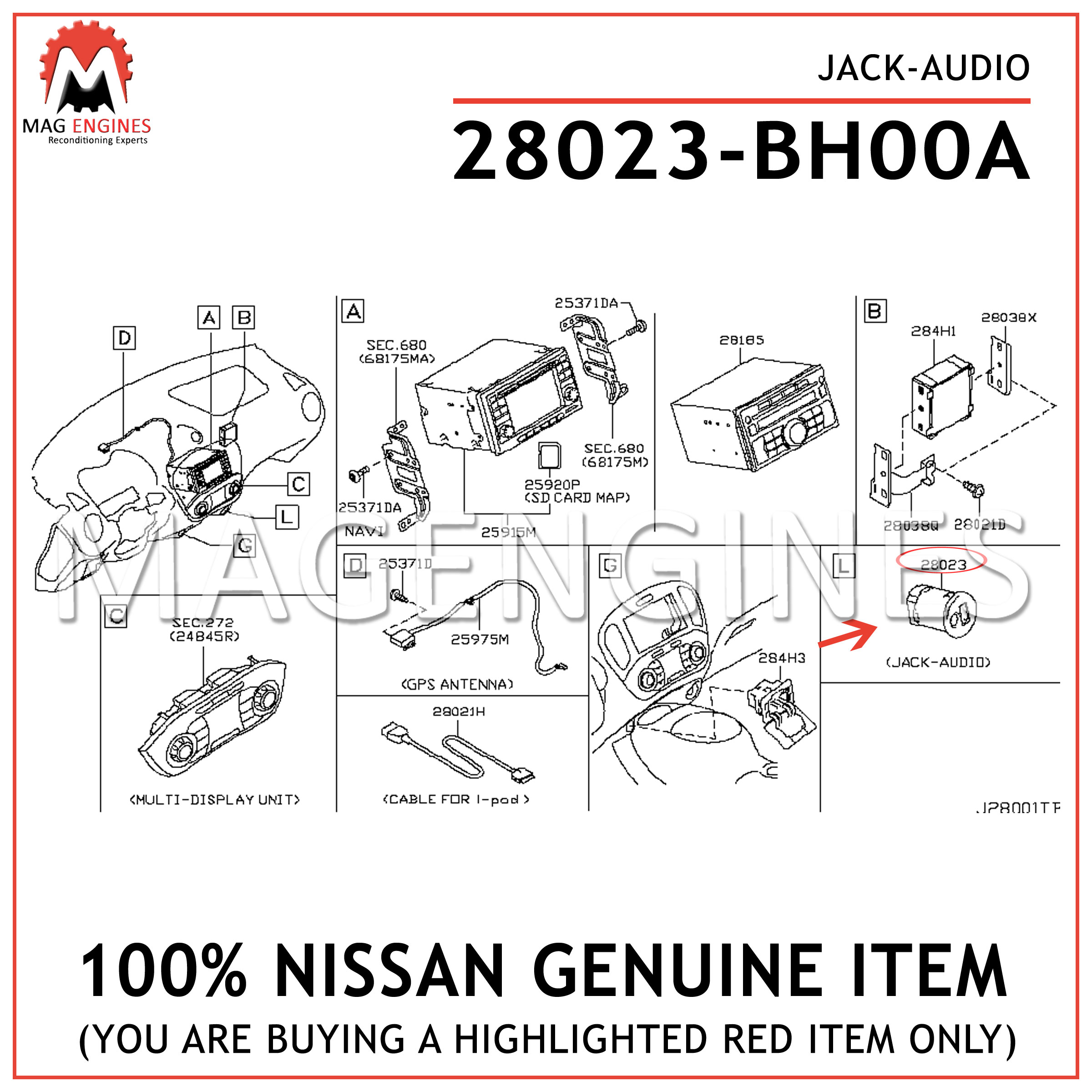 Genuine Nissan Various Models USB & 3mm Aux Port Connector 28023BH00A 