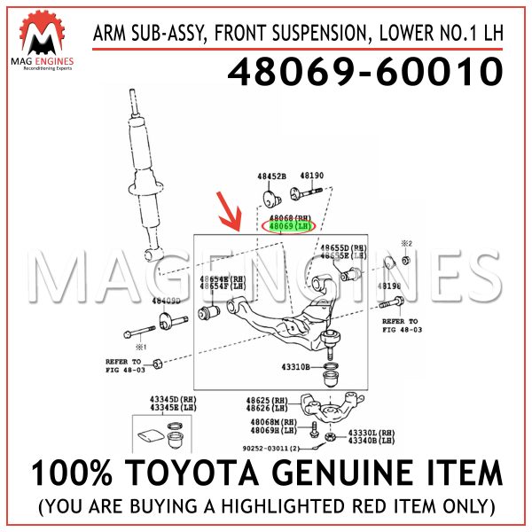48069-60010 TOYOTA GENUINE ARM SUB-ASSY, FRONT SUSPENSION, LOWER NO.1 LH 4806960010