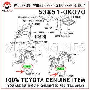 53851-0K070 TOYOTA GENUINE PAD, FRONT WHEEL OPENING EXTENSION, NO.1 538510K070
