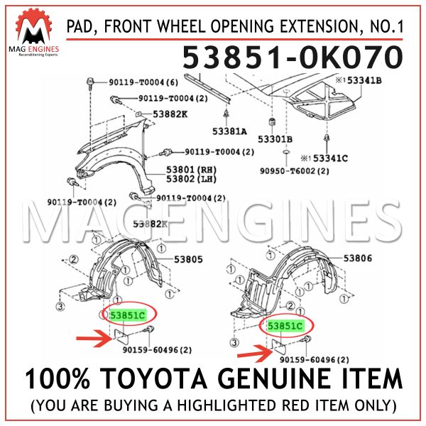 53851-0K070 TOYOTA GENUINE PAD, FRONT WHEEL OPENING EXTENSION, NO.1 538510K070