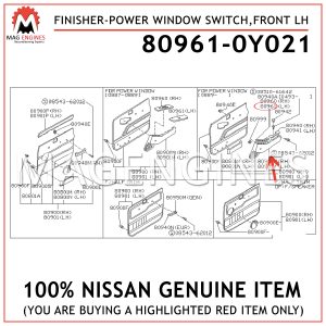 80961-0Y021-NISSAN-GENUINE-FINISHER-POWER-WINDOW-SWITCH,FRONT-LH-809610Y021