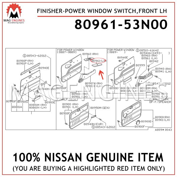 80961-53N00-NISSAN-GENUINE-FINISHER-POWER-WINDOW-SWITCH,-FRONT-LH-8096153N00