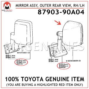 87903-90A04 TOYOTA GENUINE MIRROR ASSY, OUTER REAR VIEW, RHLH 8790390A04