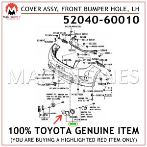 52040-60010 TOYOTA GENUINE COVER, FRONT BUMPER HOLE, LH 5204060010