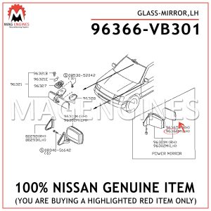 96366-VB301 NISSAN GENUINE GLASS-MIRROR,LH 96366VB301
