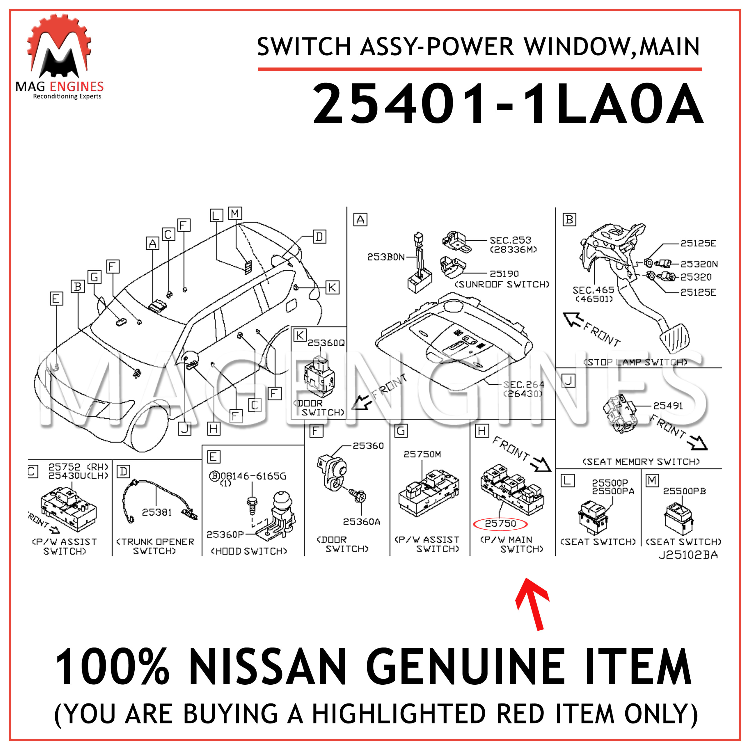 254018H701 Genuine Nissan SWITCH ASSY-POWER WINDOW,MAIN 25401-8H701