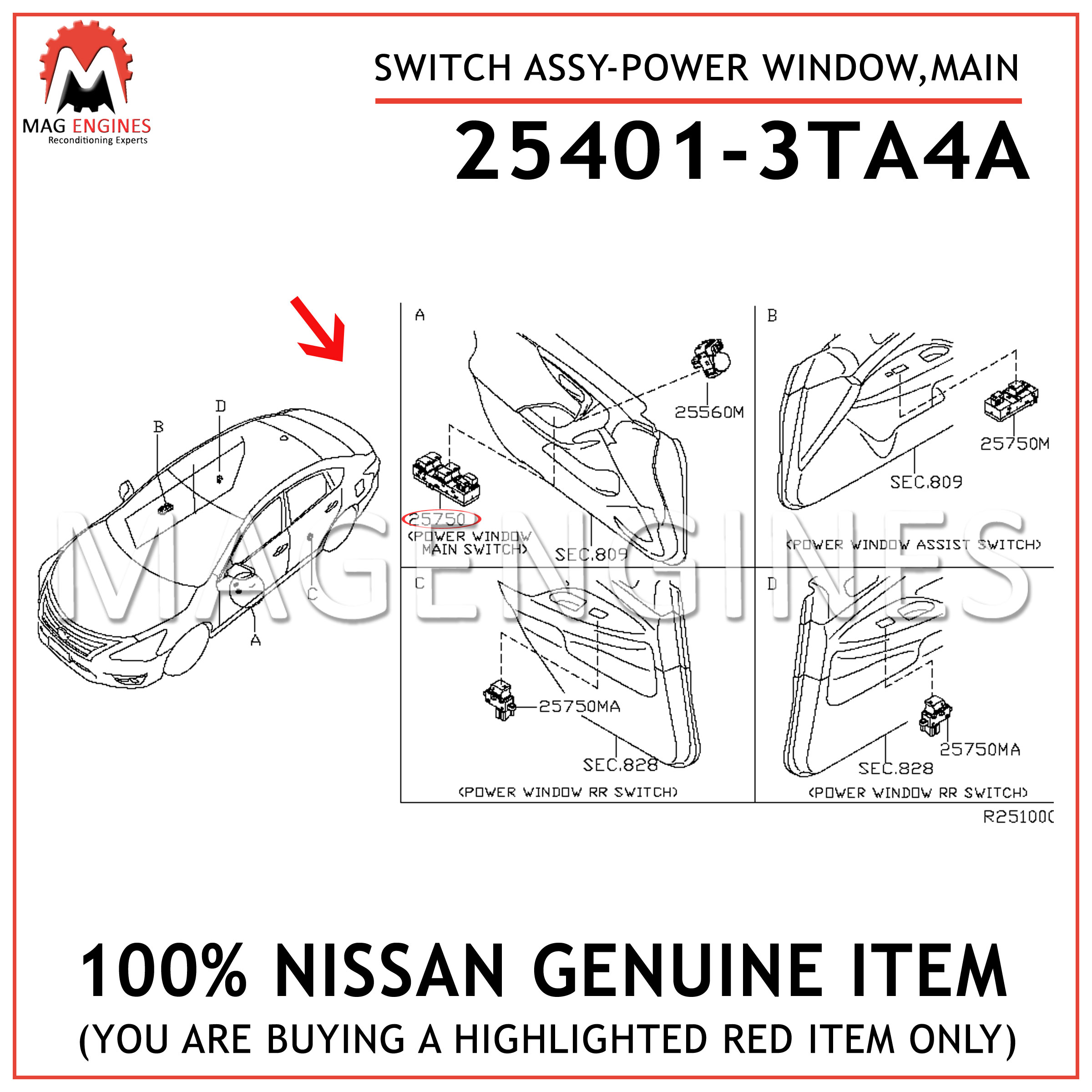 25401-3TA4A NISSAN GENUINE SWITCH ASSY-POWER WINDOW, MAIN 254013TA4A