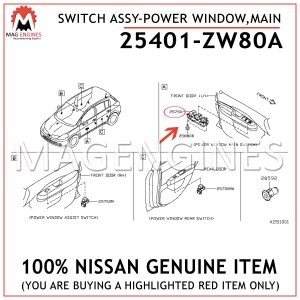 25401-ZW80A NISSAN GENUINE SWITCH ASSY-POWER WINDOW, MAIN 25401ZW80A