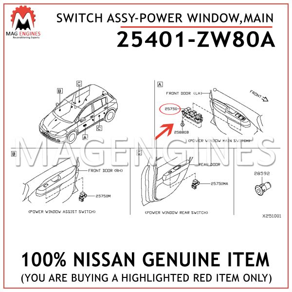 25401-ZW80A NISSAN GENUINE SWITCH ASSY-POWER WINDOW, MAIN 25401ZW80A