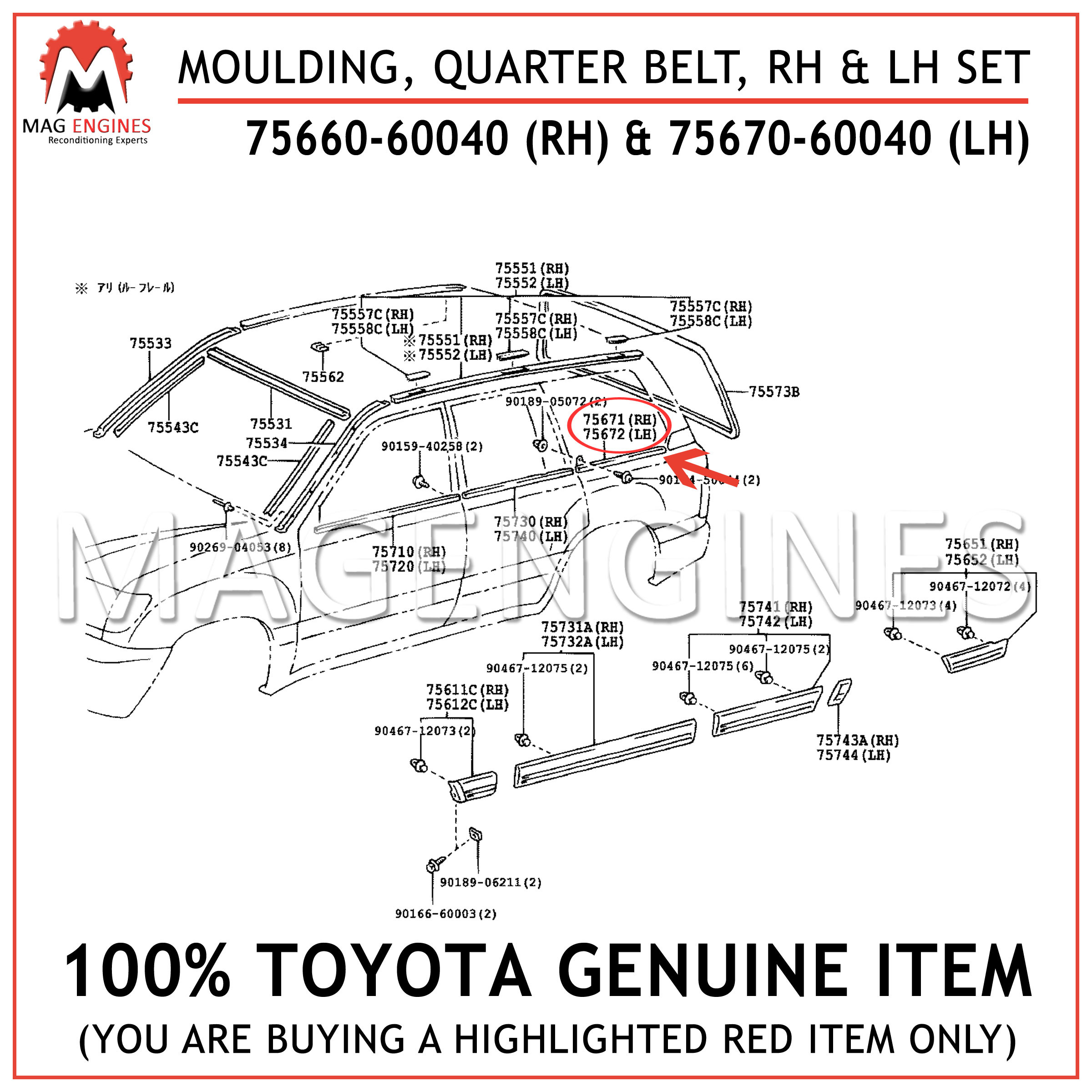 75651-14160-03 Quarter Genuine Toyota Parts O Moulding 