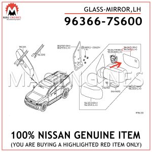 96366-7S600 NISSAN GENUINE GLASS-MIRROR, LH