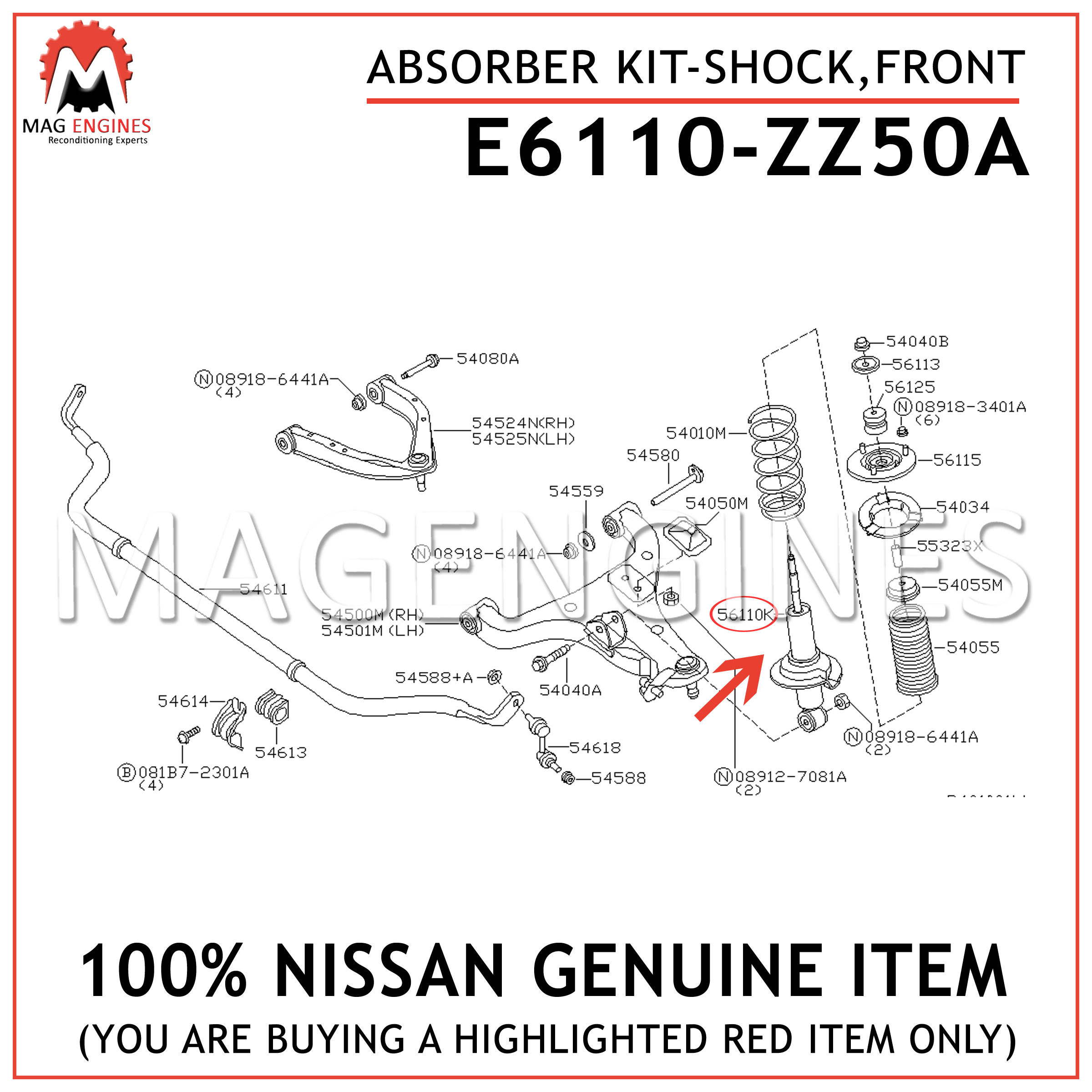 Genuine Nissan OEM E6110-ZZ50A SHOCK ABSORBER KIT-FRONT E6110ZZ50A 