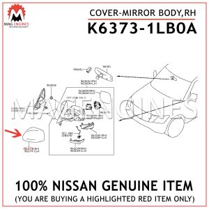 K6373-1LB0A NISSAN GENUINE COVER-MIRROR BODY, RH