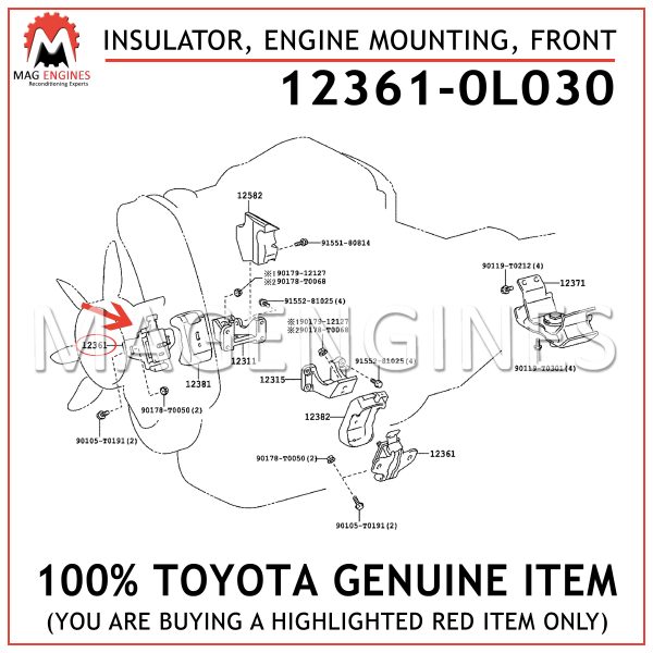 12361-0L030 TOYOTA GENUINE INSULATOR, ENGINE MOUNTING, FRONT 123610L030
