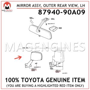87940-90A09 TOYOTA GENUINE MIRROR ASSY, OUTER REAR VIEW, LH 8794090A09 