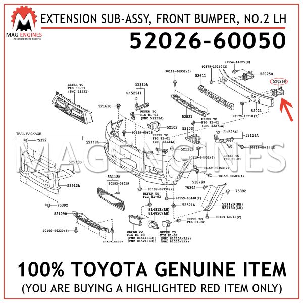 52026-60050 TOYOTA GENUINE EXTENSION SUB-ASSY, FRONT BUMPER, NO.2 LH 5202660050