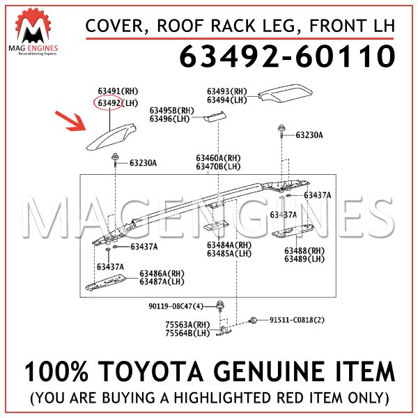 63492-60110 TOYOTA GENUINE COVER, ROOF RACK LEG, FRONT LH 6349260110