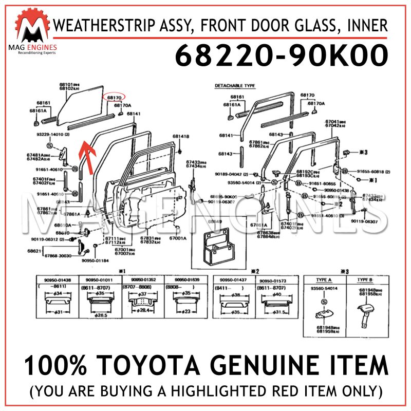 6822090K00 Genuine Toyota WEATHERSTRIP ASSY INNER 68220-90K00 FRONT DOOR GLASS