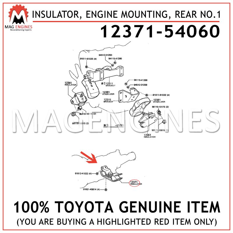 1237154060 Genuine Toyota INSULATOR ENGINE MOUNTING REAR NO.1 12371-54060