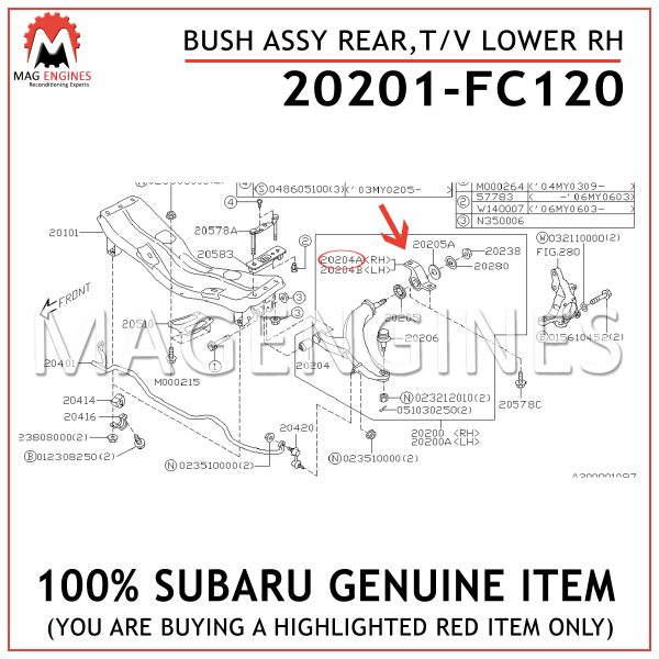 20201-FC120 SUBARU GENUINE BUSH ASSY REAR,T/V LOWER RH 20201FC120