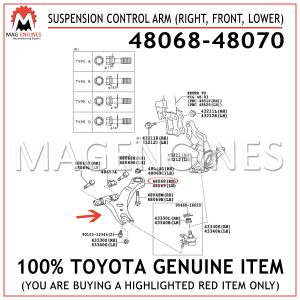 48068-48070 TOYOTA GENUINE SUSPENSION CONTROL ARM (RIGHT, FRONT, LOWER) 4806848070