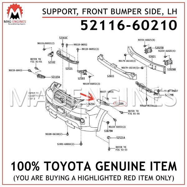 52116-60210 TOYOTA GENUINE SUPPORT, FRONT BUMPER SIDE, LH 5211660210