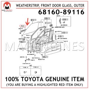 68160-89116 TOYOTA GENUINE WEATHERSTRIP, FRONT DOOR GLASS, OUTER 6816089116