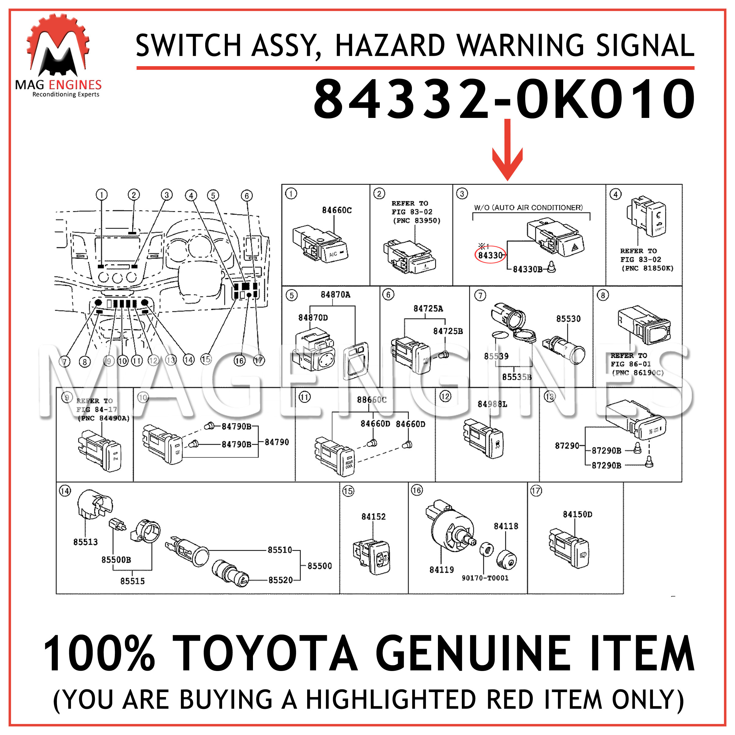 Toyota 84332-19205 Hazard Warning Signal Switch Assembly 