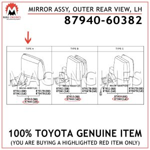 87940-60382 TOYOTA GENUINE MIRROR ASSY, OUTER REAR VIEW, LH 8794060382