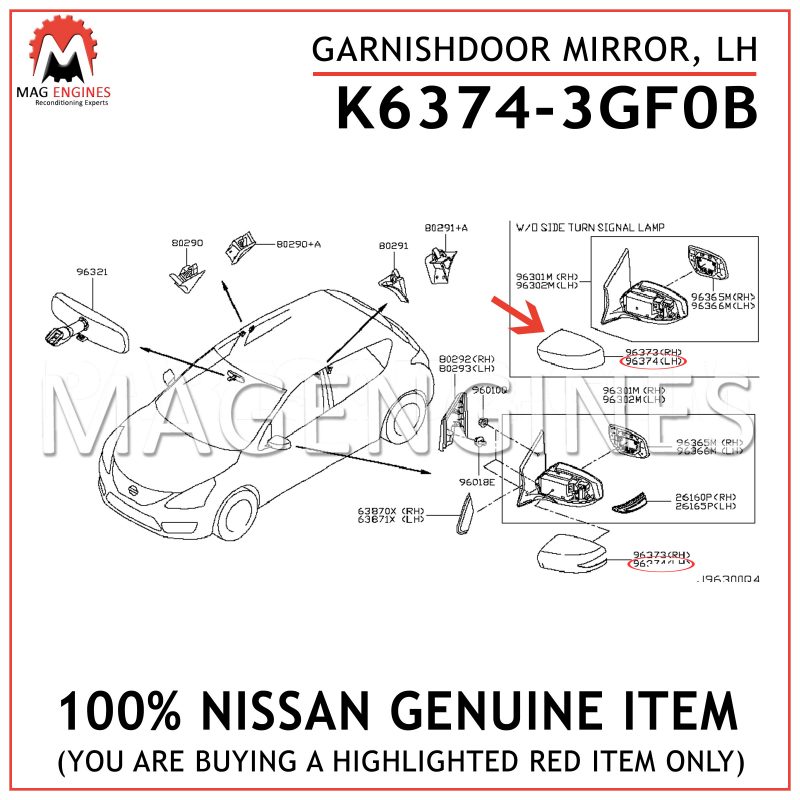 K6374-3GF0B Nissan OEM Genuine GARNISHDOOR MIRROR,LH 