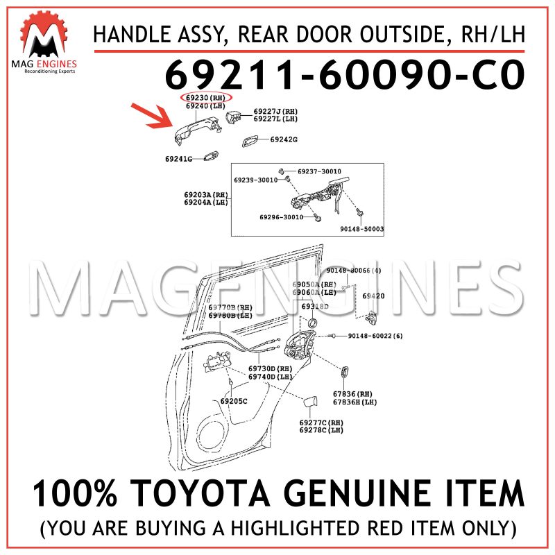 6921160090C0 Genuine Toyota HANDLE ASSY REAR DOOR OUTSIDE RH/LH 69211-60090-C0