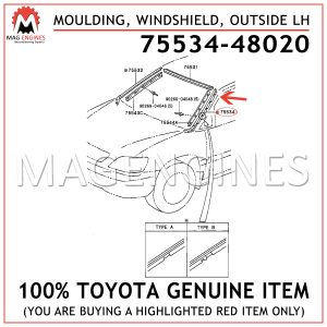 75534-48020 TOYOTA GENUINE MOULDING, WINDSHIELD, OUTSIDE LH 7553448020