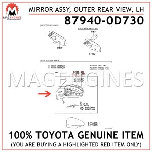 87940-0D730 TOYOTA GENUINE MIRROR ASSY, OUTER REAR VIEW, LH 879400D730