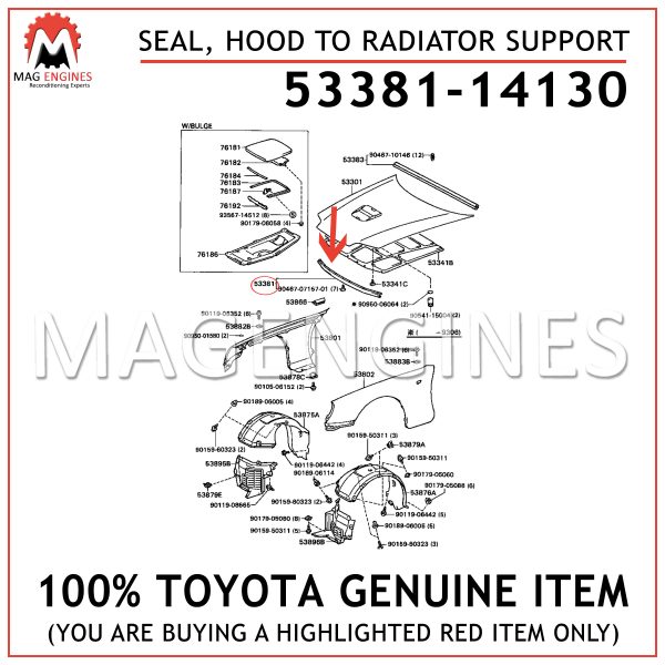 Genuine Toyota 53381-20180 Hood to Radiator Seal 