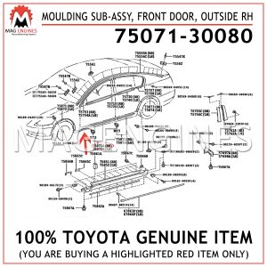 75071-30080 TOYOTA GENUINE MOULDING SUB-ASSY, FRONT DOOR, OUTSIDE RH 7507130080