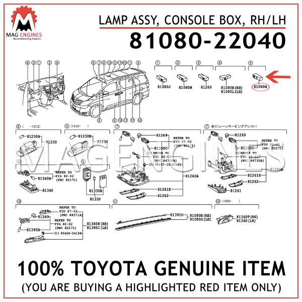 8108022040 Genuine Toyota LAMP ASSY RH/LH 81080-22040 CONSOLE BOX