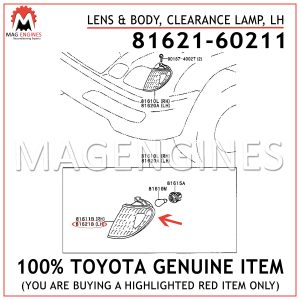 81621-60211 TOYOTA GENUINE LENS & BODY, CLEARANCE LAMP, LH 8162160211
