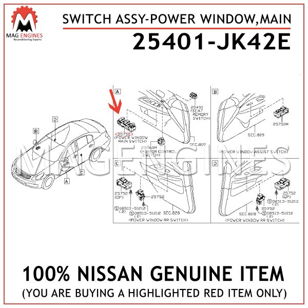 25401-JK42E NISSAN GENUINE SWITCH ASSY-POWER WINDOW,MAIN 25401JK42E