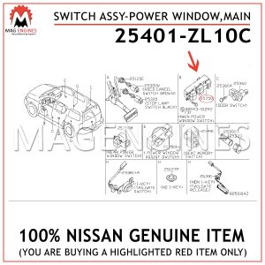 25401-ZL10C NISSAN GENUINE SWITCH ASSY-POWER WINDOW,MAIN 25401ZL10C
