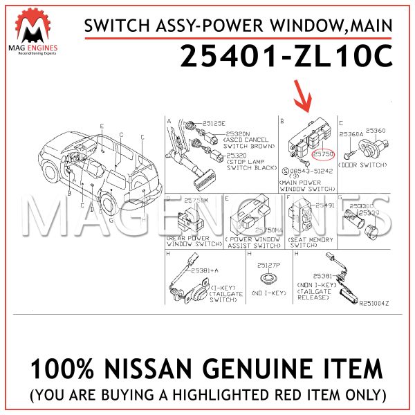 25401-ZL10C NISSAN GENUINE SWITCH ASSY-POWER WINDOW,MAIN 25401ZL10C