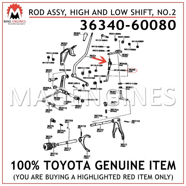 36340-60080 TOYOTA GENUINE ROD ASSY, HIGH AND LOW SHIFT, NO.2 3634060080